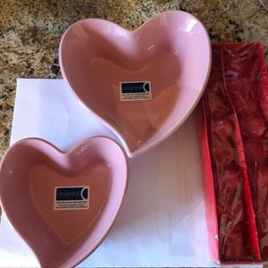 Chantal NWT pair of pink Heart Valentines dishes and stacked heart candle tapers